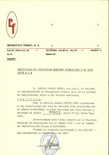 Documentos de  España 1982 - Recreativos Franco