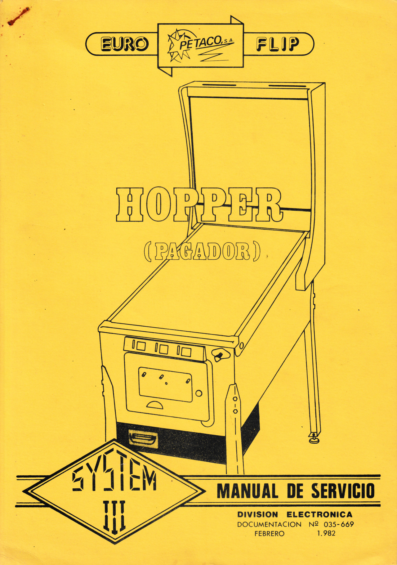 Portada del manual del Hopper para máquinas System III de Petaco, 1982. Imagen: Recreativas.org