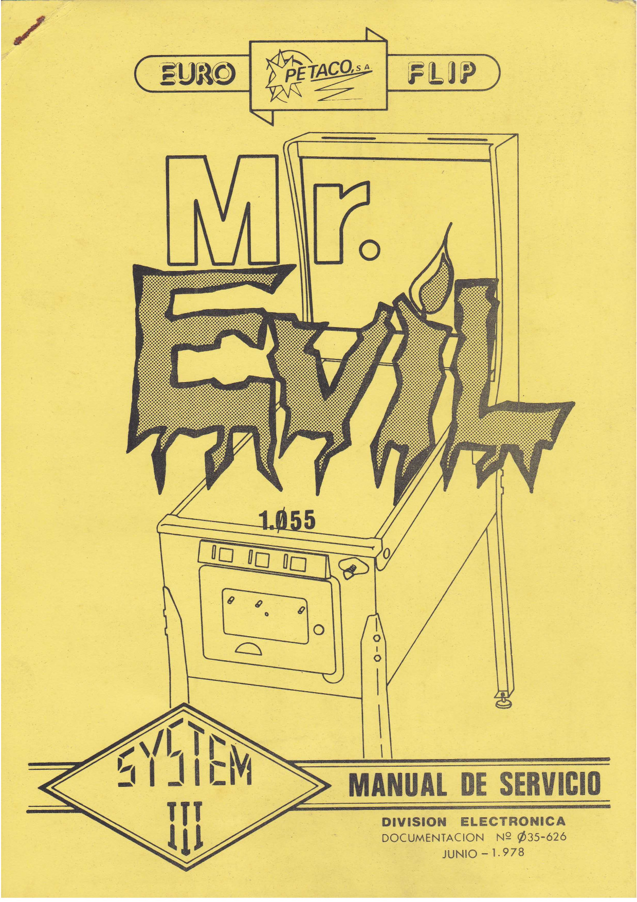 Portada del manual del pinball Mr. Evil. Junio 1978.
