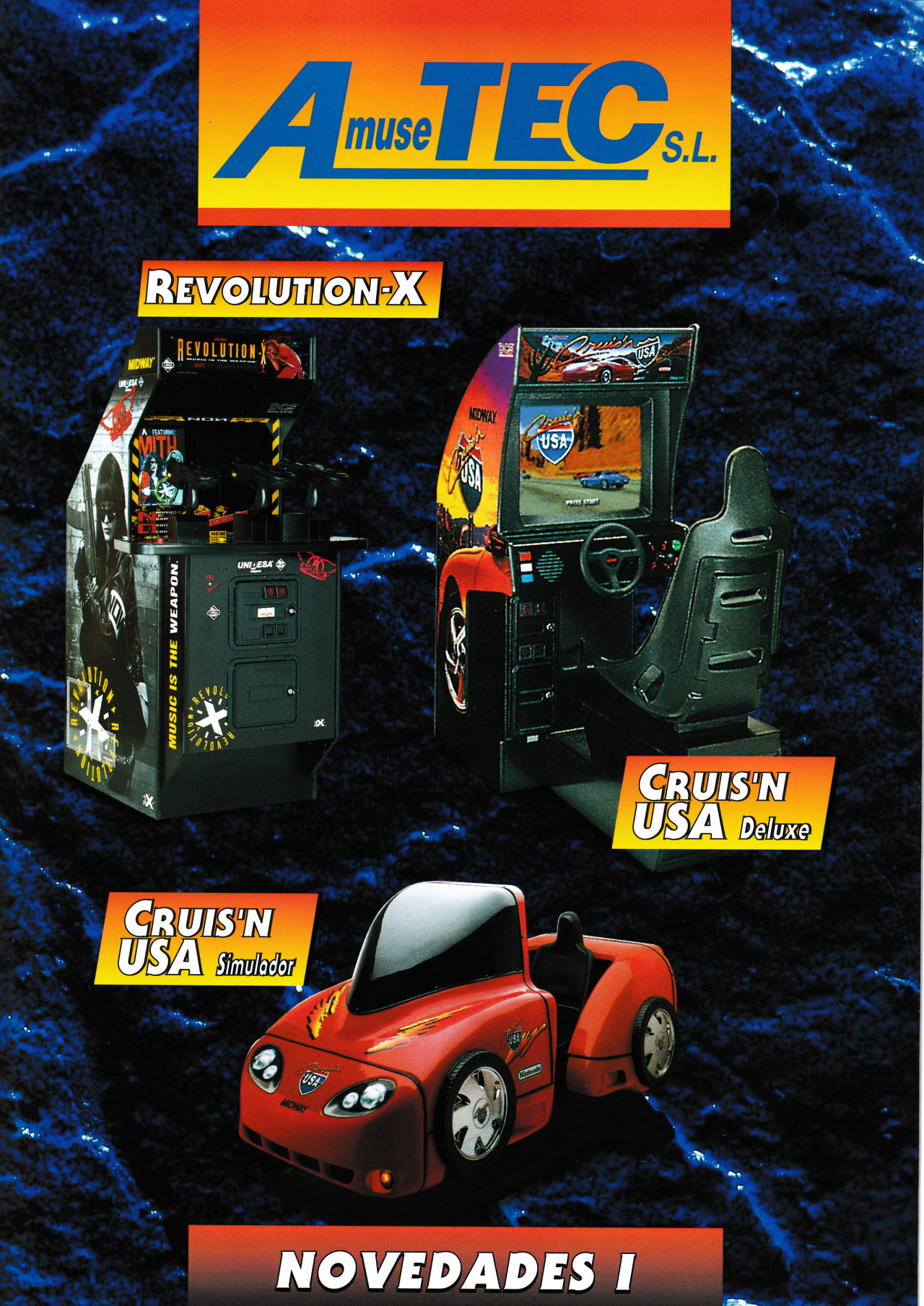 Página con las máquinas de Midway Revolution-X y Cruis´n USA, modelos Deluxe y Simulador. Imagen: Recreativas.org.