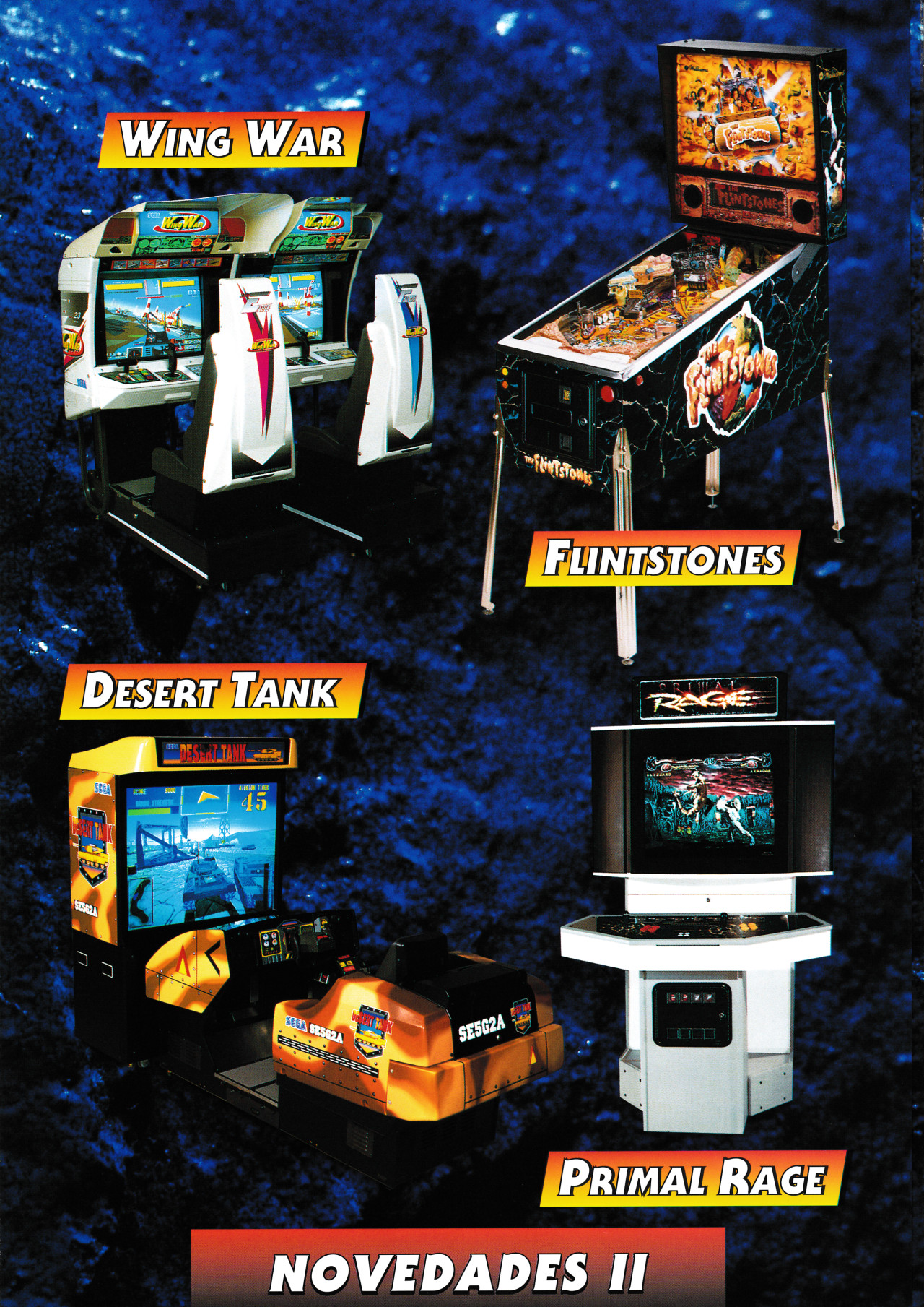 Página con las máquinas de SEGA Wing War y Desert Tank, el pinball Flintstones de Williams Electronics y Primal Rage de Atari Games. Imagen: Recreativas.org.