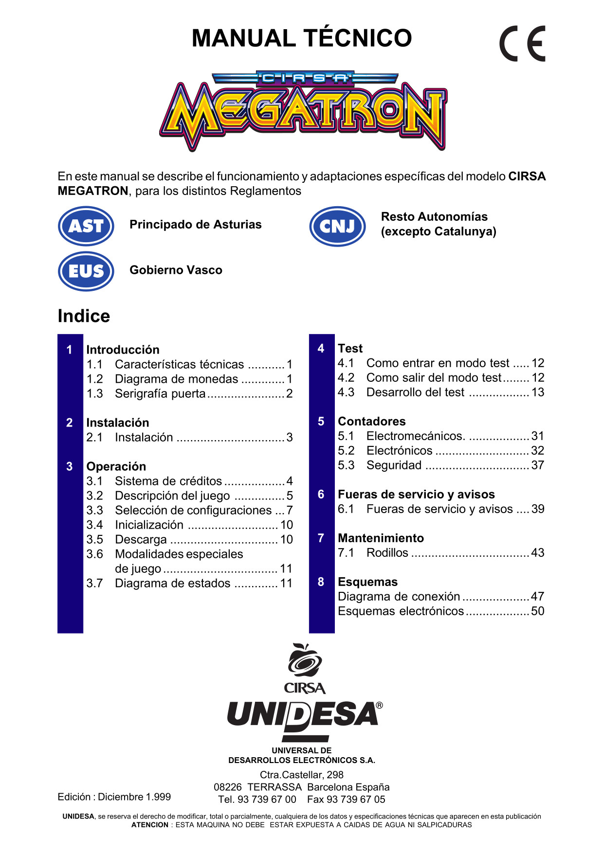 Manual técnico Cirsa Megatron. Edición : Diciembre 1999.