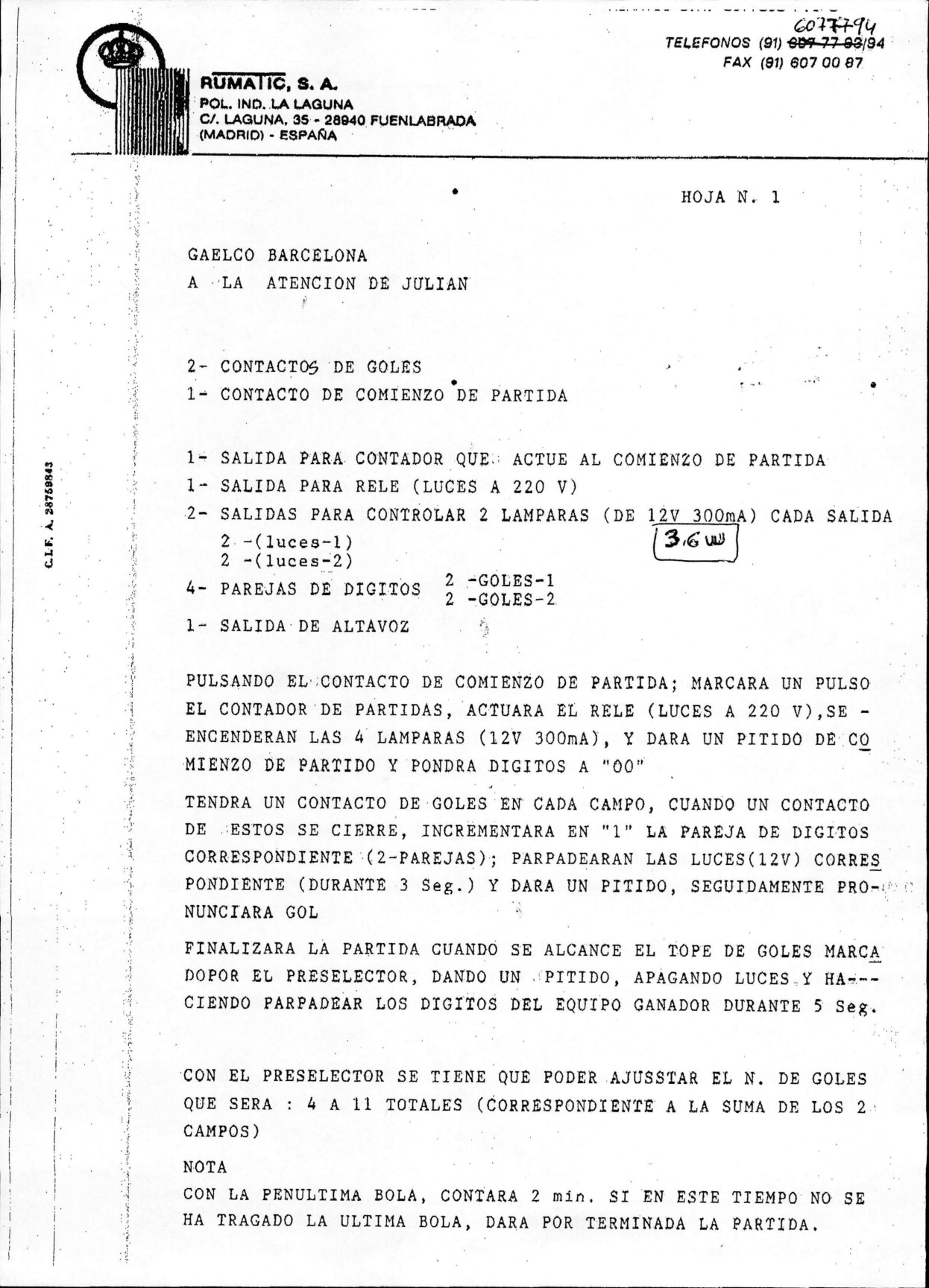 Documento con la descripción del proyecto de un futbolín electrónico para la empresa Rumatic. Imagen: Gaelco.