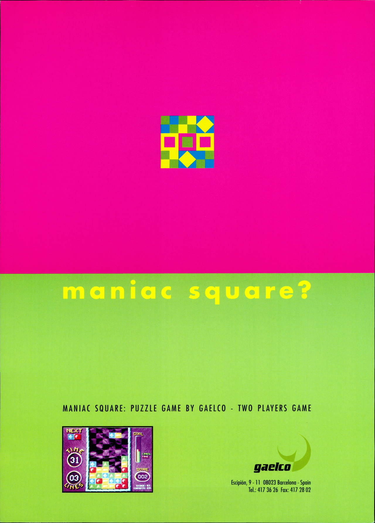 Flyer Maniac Square. Imagen: Gaelco.