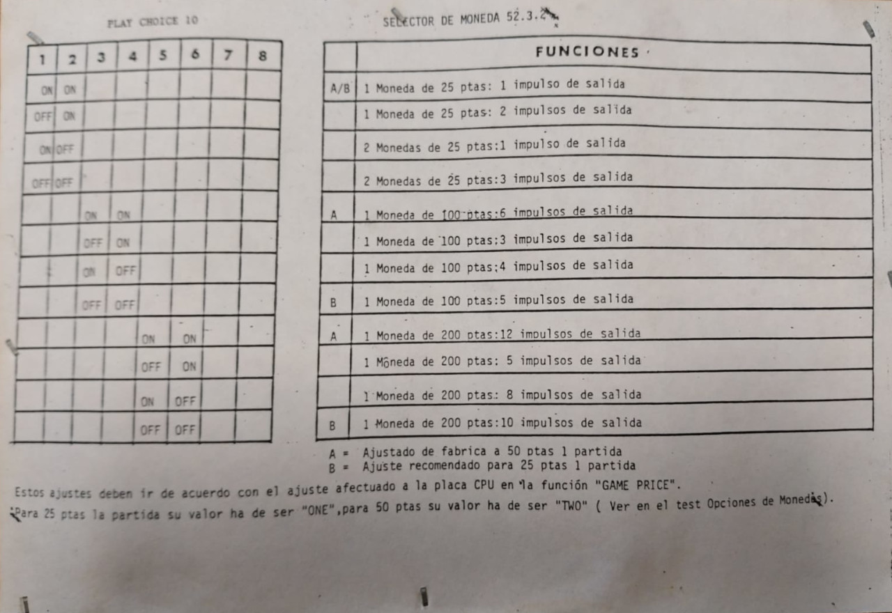 Tabla de ajustes del Selector de Moneda 52.3.2 - Play Choice 10, Sega SA. Foto: Víctor Fernández (City Game).